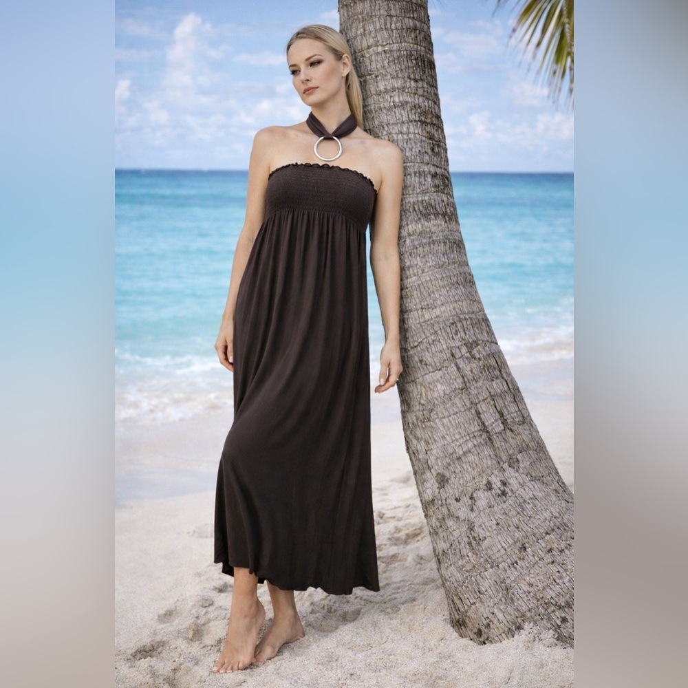 Tart sz MD chocolate brown maxi dress elastic bust metal neck ring w tie